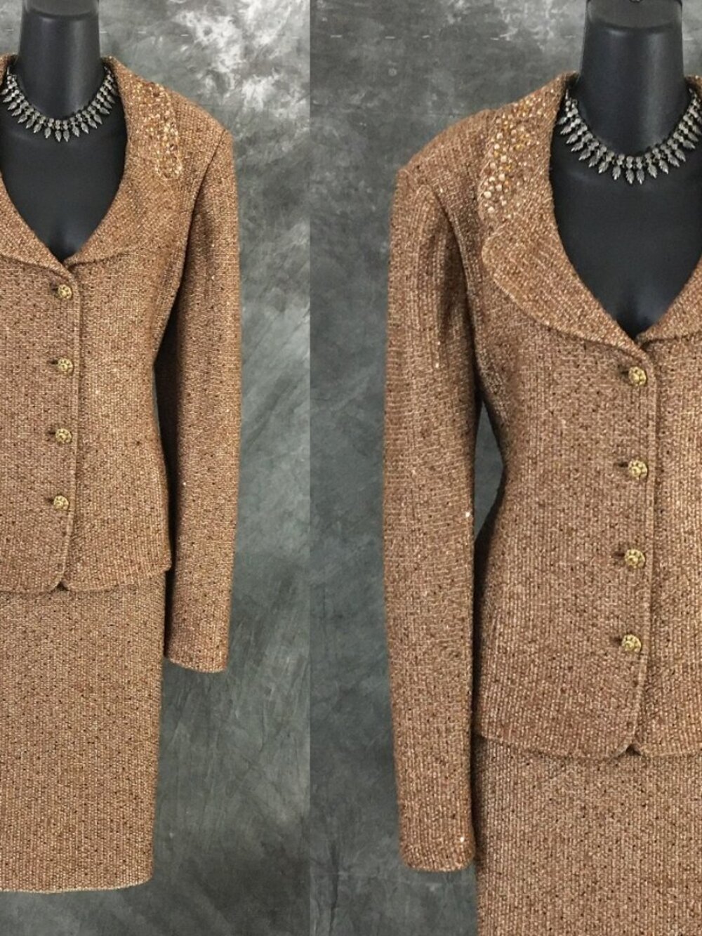 BEAUTIFUL St John evening knit brown tan multi embellished skirt suit size 12 - Picture 2 of 10